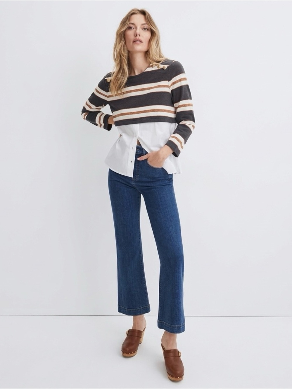 Veronica Beard Bertie Stripe Cotton Mixed Media Top Layered Look Size S
